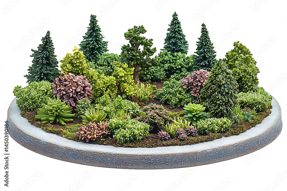 Miniature garden diorama with various evergreen trees and shrubs displayed on a circular base.