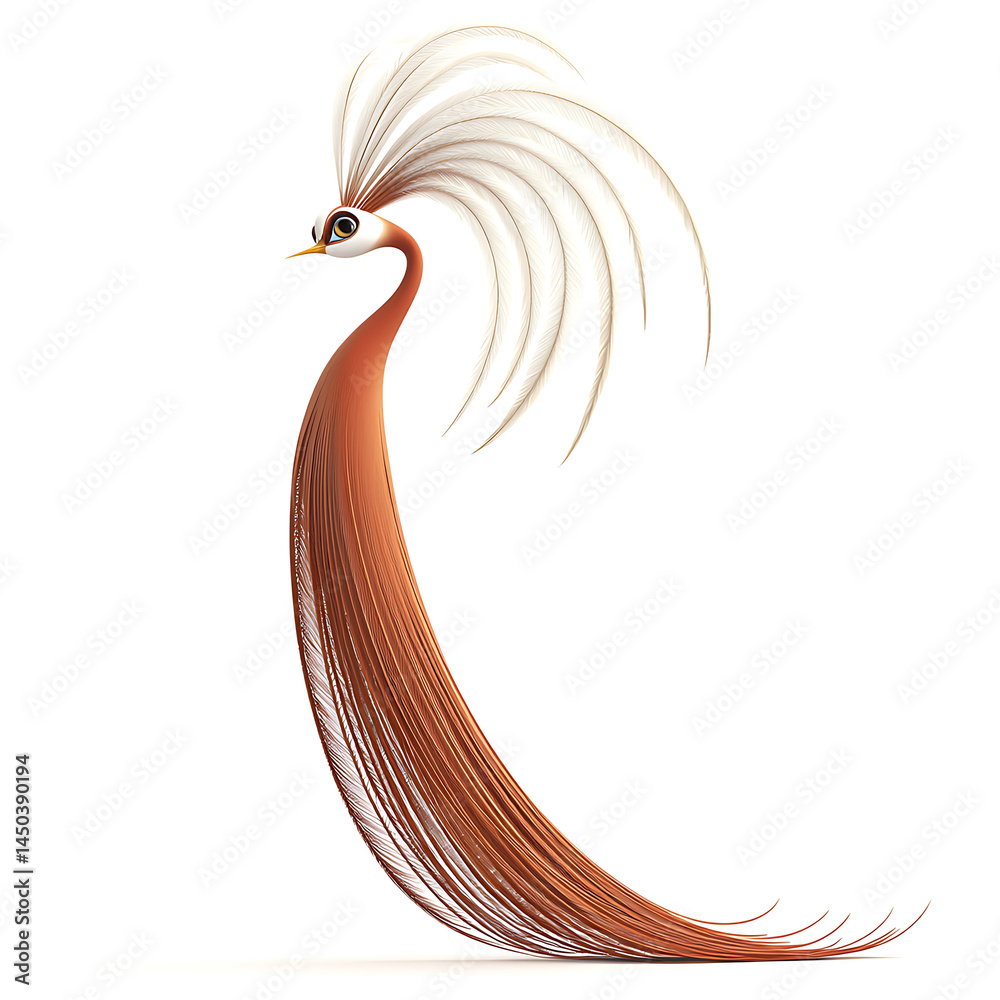 A stylized elegant bird with brown body feathers flowing down and a white curved crest feather display on its head.