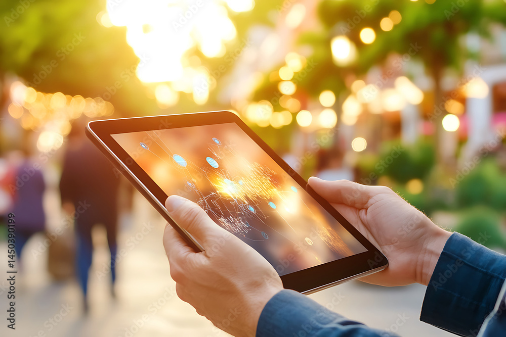 Hands hold a tablet displaying an image with a blurred sun-drenched outdoor scene and figures in the background.