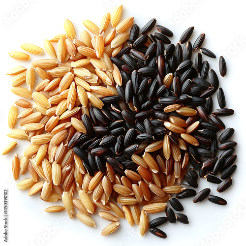 Obraz na płótnie A top-down view of a pile of golden and black rice grains forming a distinct yin-yang-like pattern. w salonie