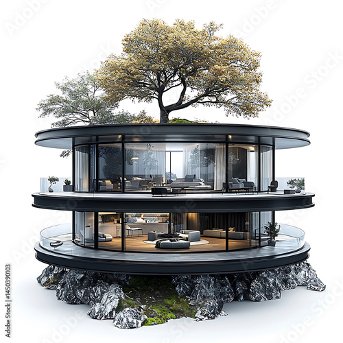 Obraz na płótnie Two-story cylindrical home with floor-to-ceiling windows and a roof garden featuring trees set on a rocky base. w salonie