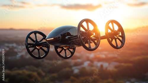 Obraz na płótnie Futuristic flying machine with large circular rotors soars through the air at sunset blurring the landscape below. w salonie
