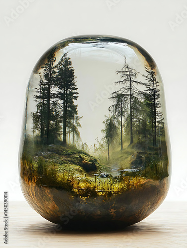 Miniature forest landscape encapsulated within a translucent gourd-shaped resin displaying a serene misty scene of trees and vegetation.