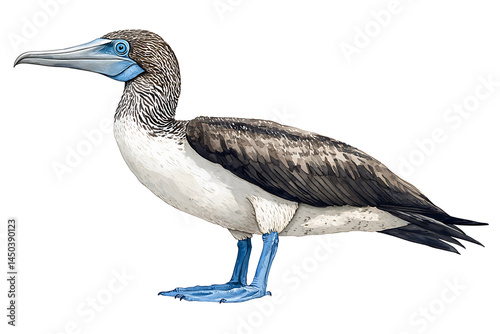 Obraz na płótnie Illustration of a Blue-Footed Booby showcasing its distinctive bright blue feet and mottled brown and white plumage isolated on white. w salonie