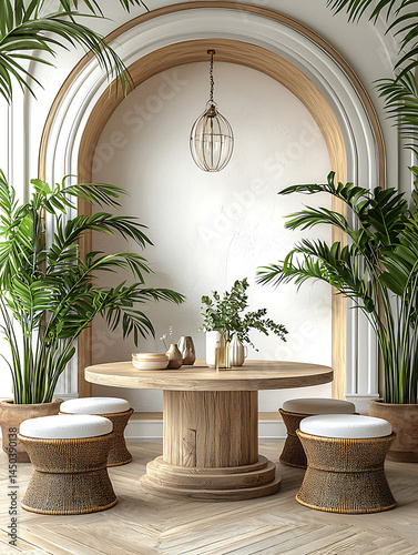 Round wooden table surrounded by woven stools and lush potted plants against an arched backdrop.