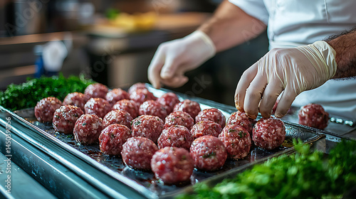 Obraz na płótnie Chef in gloves meticulously arranges raw meatballs on a tray surrounded by fresh herbs in a professional kitchen. w salonie
