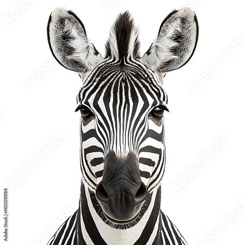 A striking zebra headshot features its iconic black and white stripes large ears and focused gaze all against a clean white backdrop.