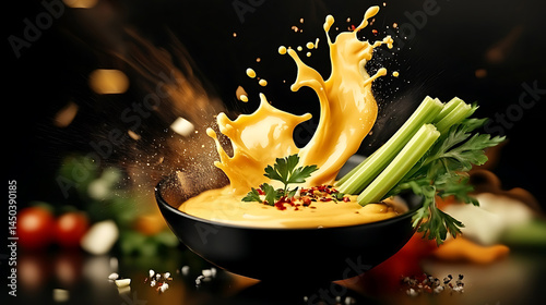 Obraz na płótnie Vibrant cheese sauce explosion with fresh celery parsley and spices spilling out of a black bowl set on dark background. w salonie