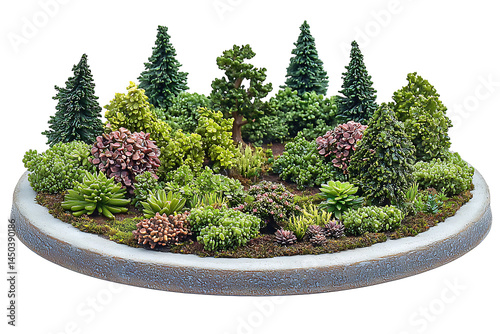 Obraz na płótnie Miniature garden diorama with various evergreen trees and shrubs displayed on a circular base. w salonie