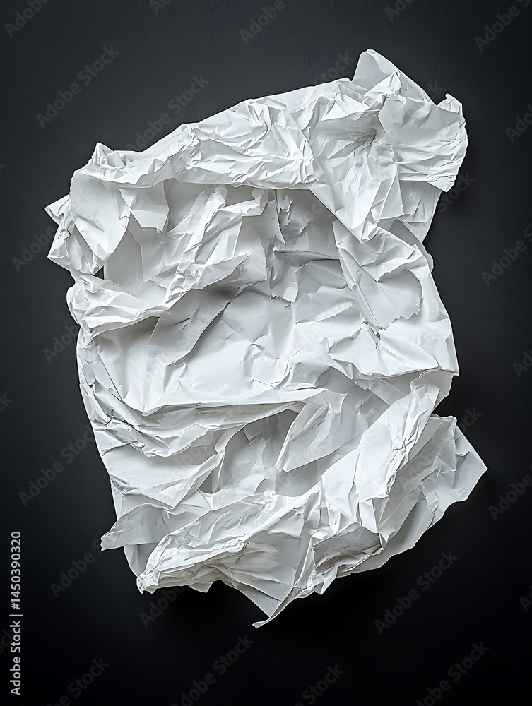 Crumbled and wrinkled white paper against a stark dark background showing folds and textures in sharp relief.