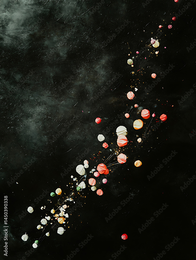 Scattered dots in various hues seemingly floating against a dark textured background creating a celestial and ethereal effect.