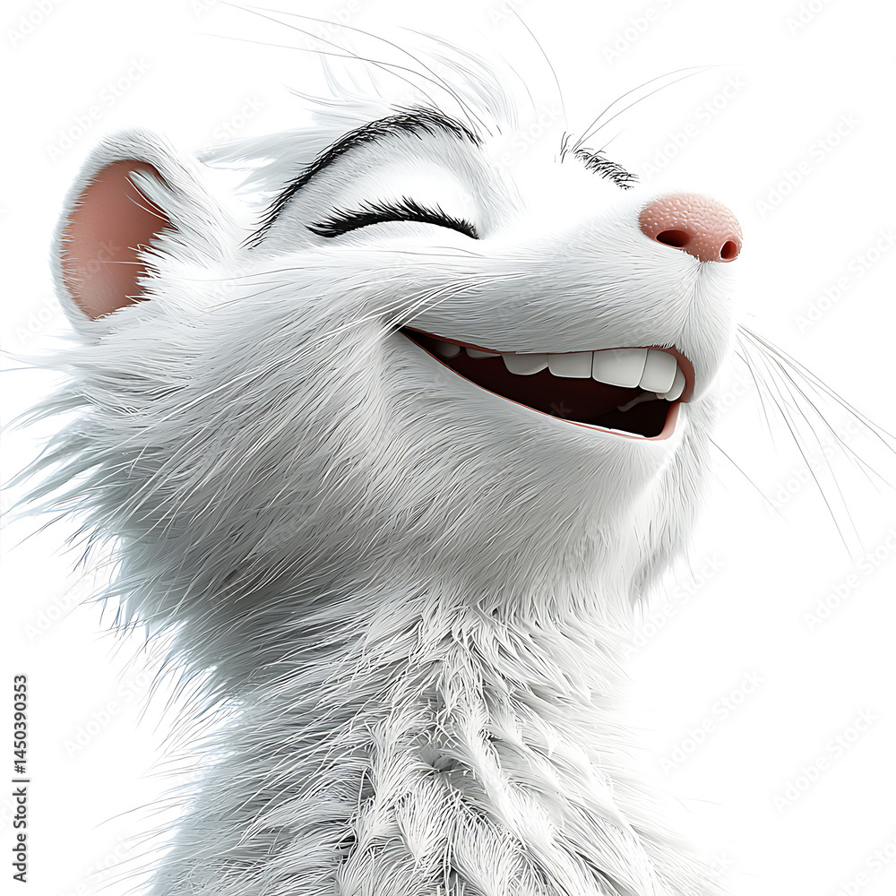 A happy animated white ferret with closed eyes smiles broadly showcasing its teeth against a bright neutral background.