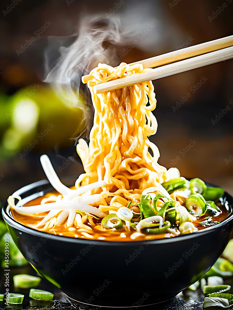 Steaming bowl of ramen noodles with bean sprouts and green onions being lifted with chopsticks.