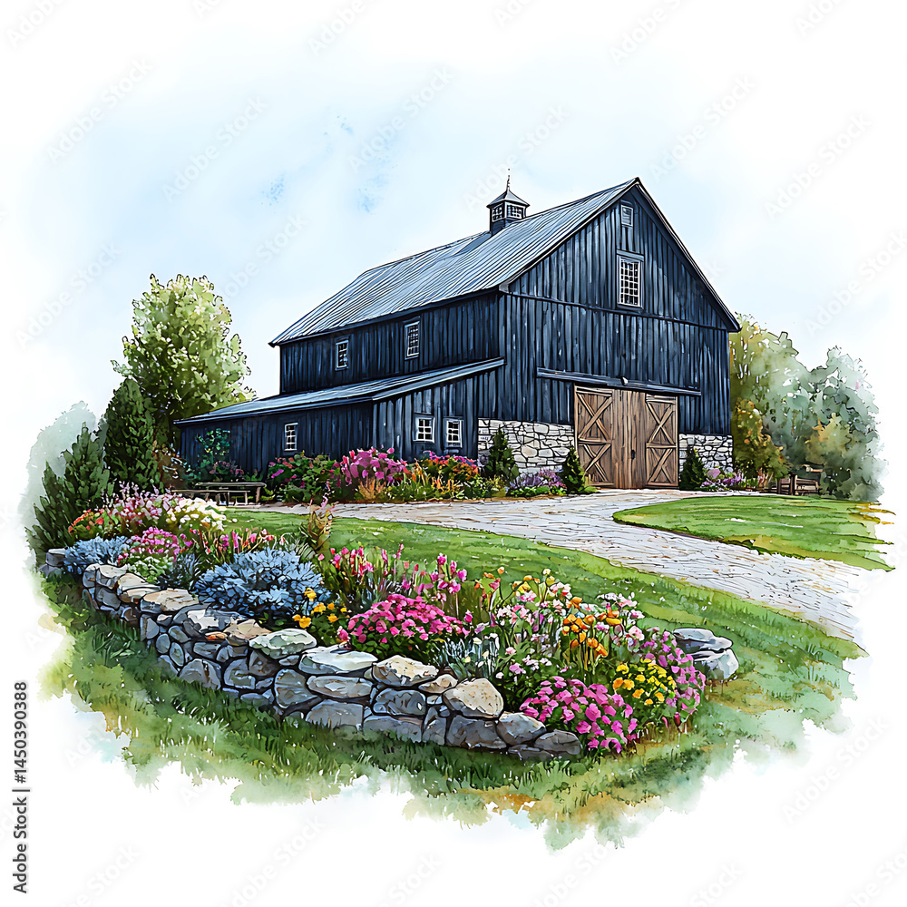 Rustic blue barn with stone foundation and flower garden nestled on a grassy slope under a watercolor sky.