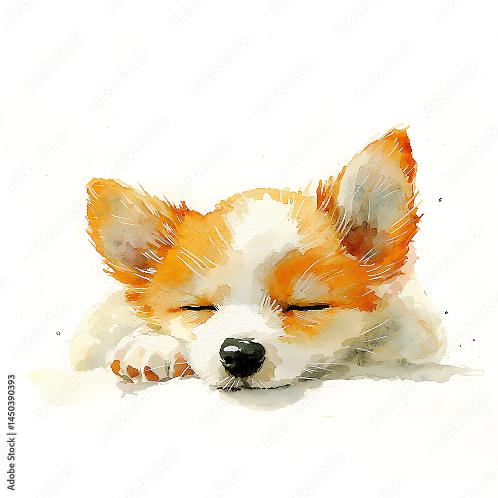 Watercolor style illustration of a fluffy small dog with orange and white fur sleeping peacefully against a blank backdrop.