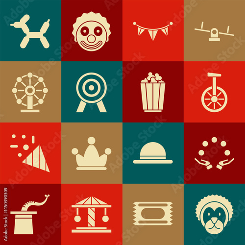 Set Wild lion, Juggling ball, Unicycle or one wheel bicycle, Carnival garland with flags, Target, Ferris, Balloon dog and Popcorn box icon. Vector