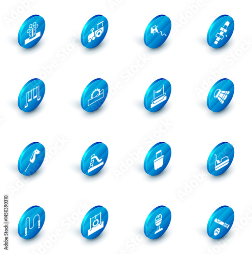 Set Toy train, Kite, Hopscotch, Double swing, horse, Ferris wheel, Badminton shuttlecock and Bungee icon. Vector