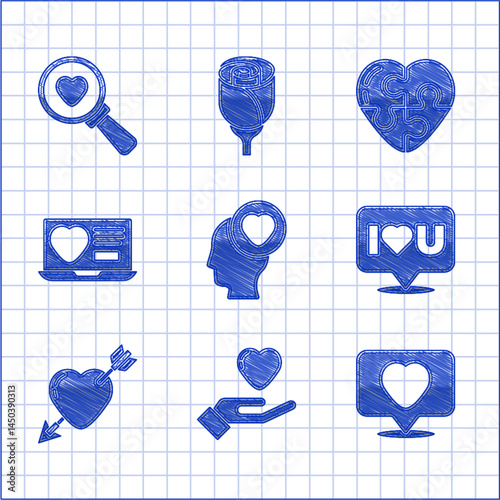 Set Head with heart, Heart in hand, Like, Speech bubble I love you, Amour arrow, Dating app online, and Search icon. Vector