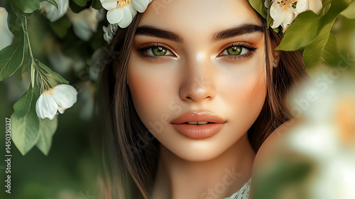 Close-up portrait of a woman with captivating green eyes adorned with a floral wreath and subtle makeup.