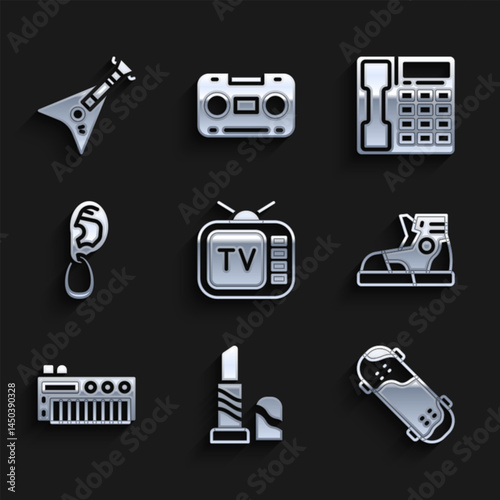 Set Retro tv, Lipstick, Skateboard trick, Sport sneakers, Music synthesizer, Ear with earring, Telephone handset and Electric bass guitar icon. Vector