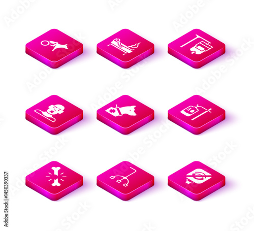 Set Human broken bone, Walking stick cane, Head of deaf and dumb, Guide dog, Blindness, IV bag, and Patient with leg icon. Vector