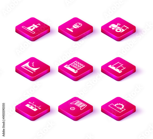 Set Seesaw, Soccer goal with ball, Skate park, Tic tac toe game, Ferris wheel, Horizontal bar, Toy train and Trash can icon. Vector