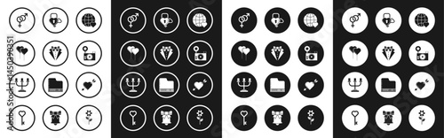 Set The heart world love, Suit, Balloons in form of with ribbon, Gender, Photo camera, Castle the shape and key, Amour symbol arrow and Candlestick icon. Vector