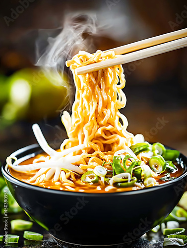 Obraz na płótnie Steaming bowl of ramen noodles with bean sprouts and green onions being lifted with chopsticks. w salonie