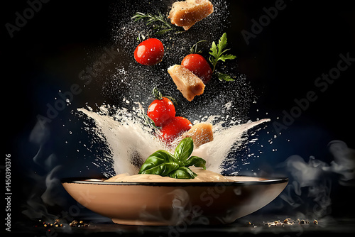 Obraz na płótnie Ingredients suspended in air falling into a bowl of creamy soup with a dark and dramatic background. w salonie