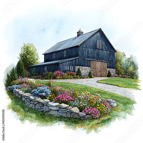 Obraz na płótnie Rustic blue barn with stone foundation and flower garden nestled on a grassy slope under a watercolor sky. w salonie