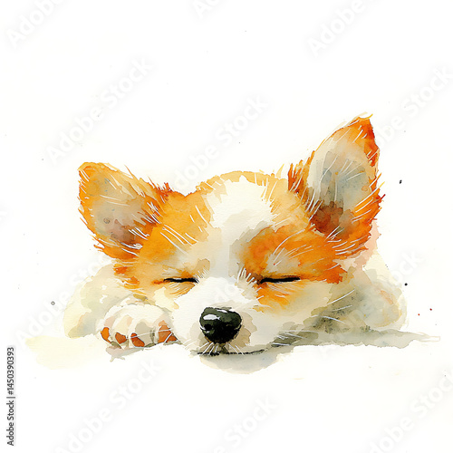 Obraz na płótnie Watercolor style illustration of a fluffy small dog with orange and white fur sleeping peacefully against a blank backdrop. w salonie