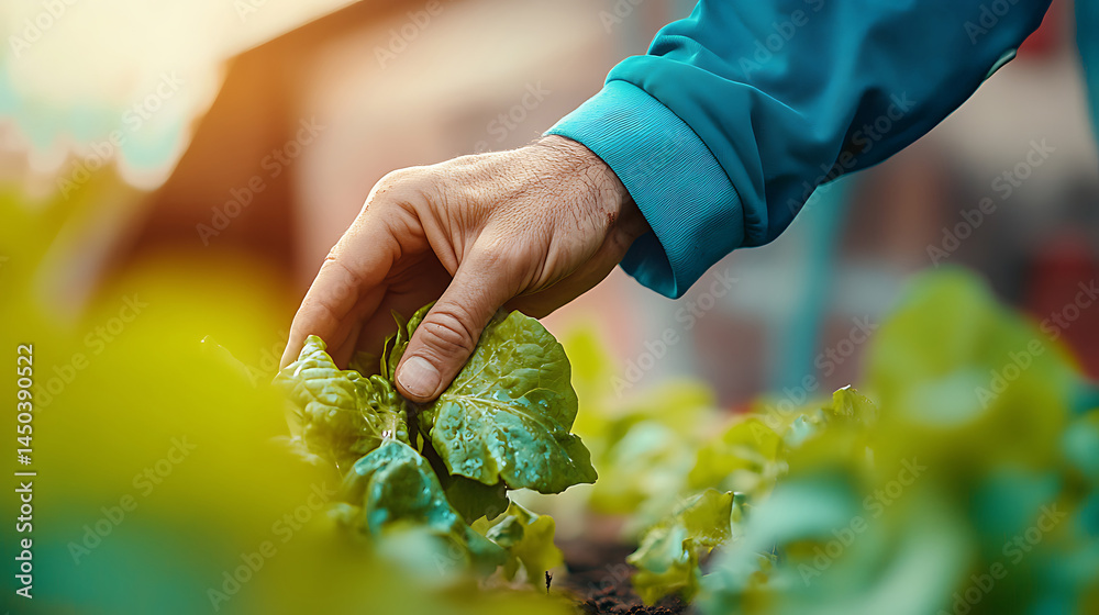 Gardener's hand gently touches fresh green lettuce growing in a garden bed bathed in warm sunlight.
