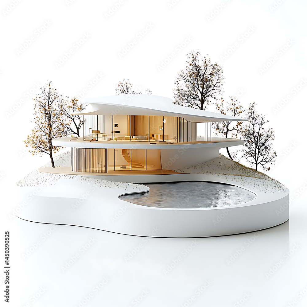 Modern white architectural model featuring a curved roof and glass walls surrounded by a pond and trees all on a white base.