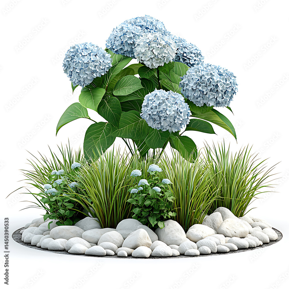 A small garden display with blue hydrangeas green plants and white rocks forming a circular base on a white background.