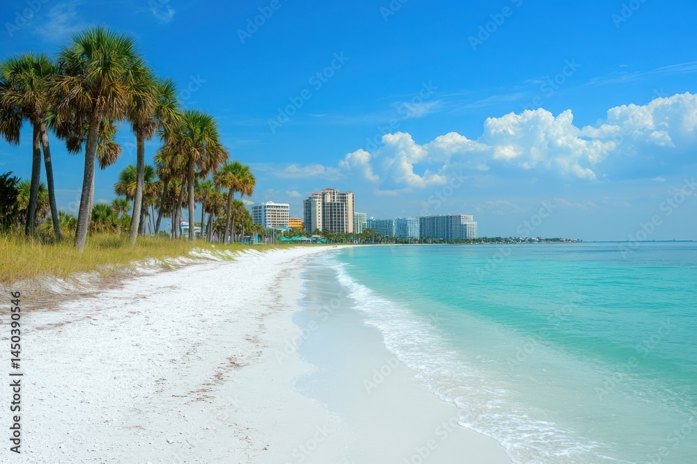 Obraz premium Beach with palms and buildings on a white background