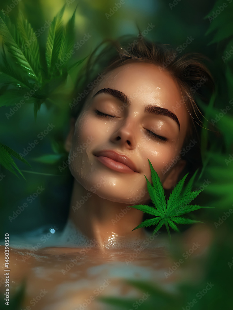 A woman with closed eyes relaxes in water surrounded by lush green leaves basking in soft dappled light.