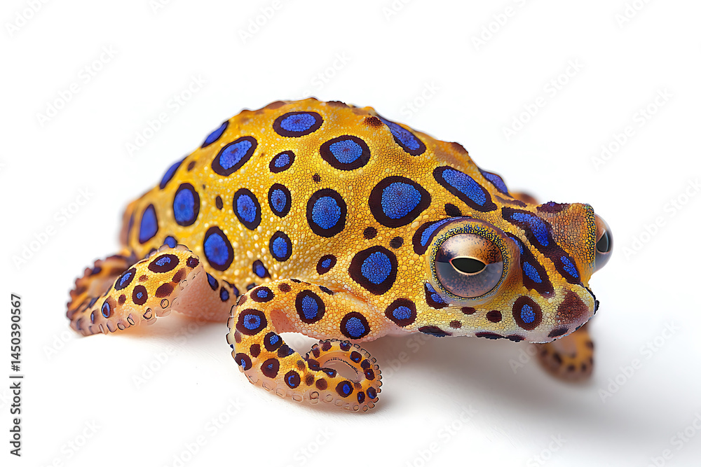 Close-up of a vibrant textured sea creature with bright blue rings on a mottled orange-yellow body set against a stark white background.