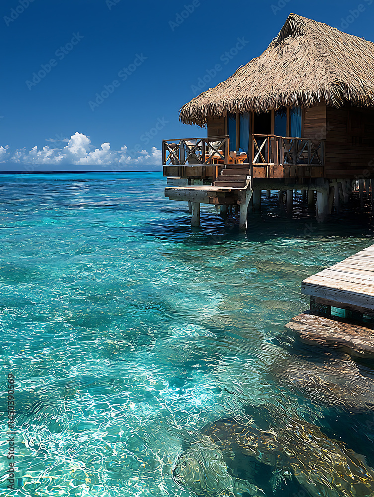 Seaside cottage with thatched roof elevated above turquoise water inviting a tropical escape under a clear blue sky.
