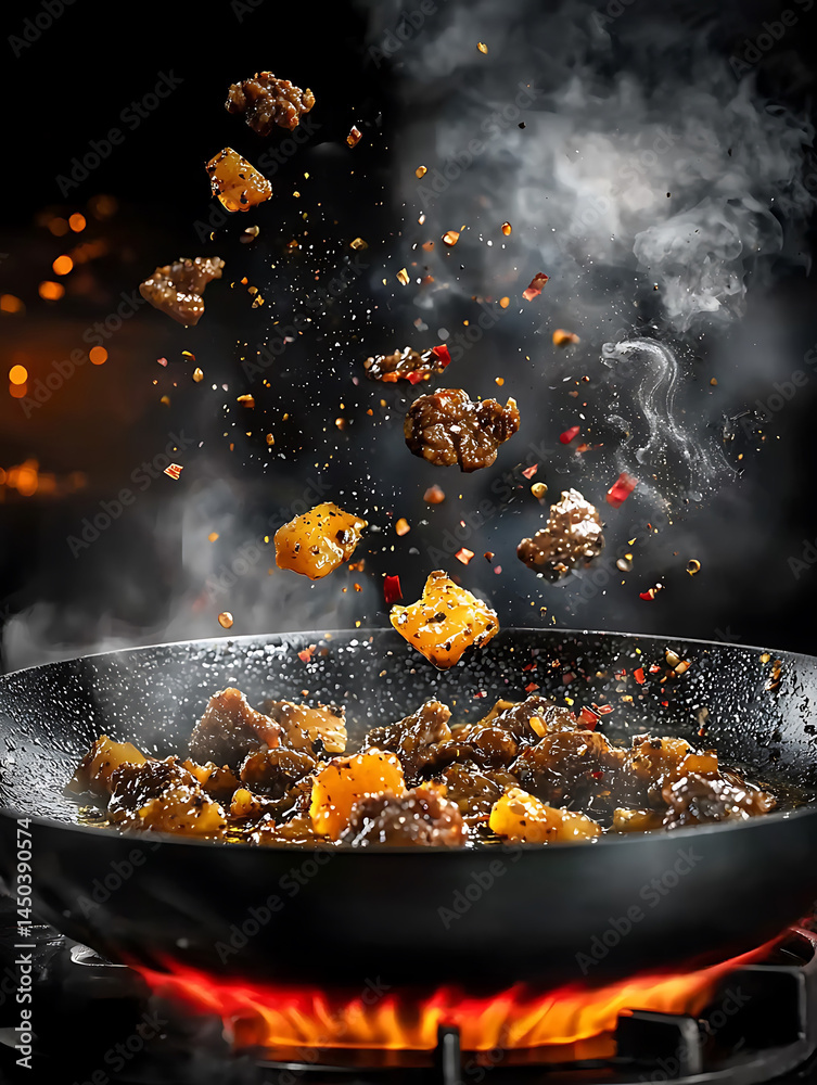 Sizzling stir-fry: Cubes of seasoned meat and vegetables tossed high above a hot pan amidst rising steam and flames.