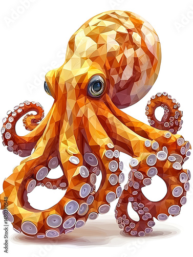 Obraz na płótnie A vibrant geometric octopus illustration featuring low-poly design swirling tentacles and bright eye-catching orange and yellow hues. w salonie