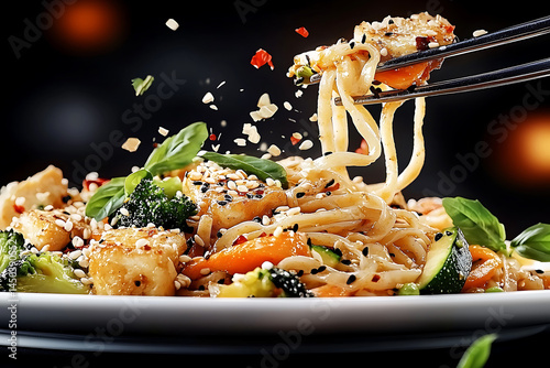 Obraz na płótnie Asian-inspired noodles with vegetables tofu and sprinkled sesame seeds held up by chopsticks against a dark background. w salonie