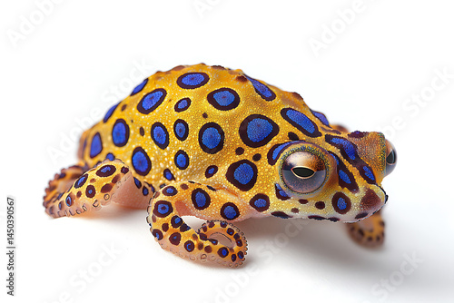 Obraz na płótnie Close-up of a vibrant textured sea creature with bright blue rings on a mottled orange-yellow body set against a stark white background. w salonie
