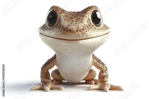 A cartoon gecko with oversized eyes and a warm smile rendered in soft neutral tones on a white background.