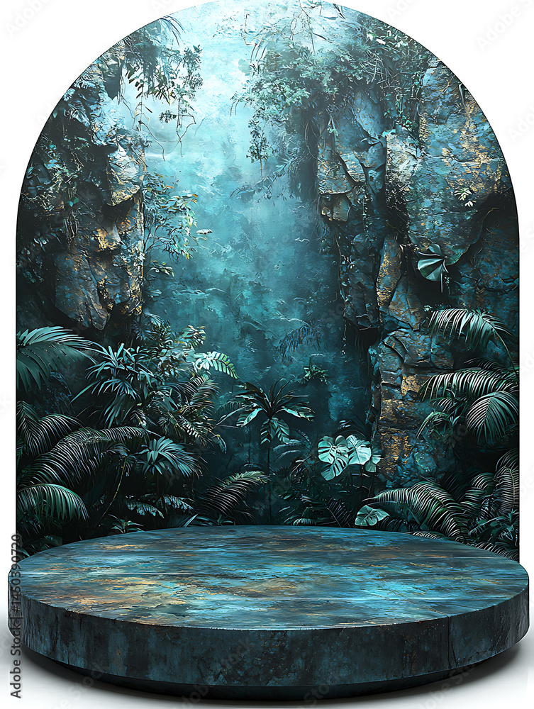 A serene arch-shaped grotto with lush dark green foliage and a textured blue platform bathed in a soft ethereal light.