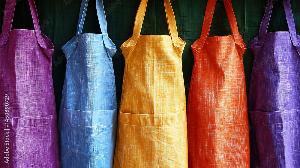 Row of colorful aprons hanging against a dark green background showcasing a vibrant spectrum of hues and simple designs.