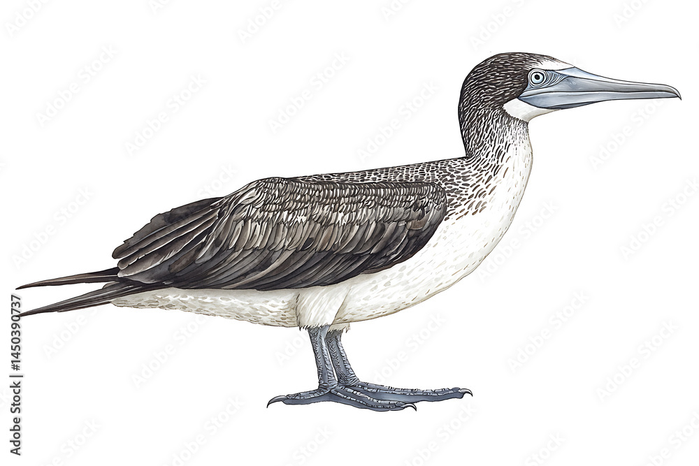 A detailed illustration showcases a booby bird with its distinctive light blue beak and feet against a white background.