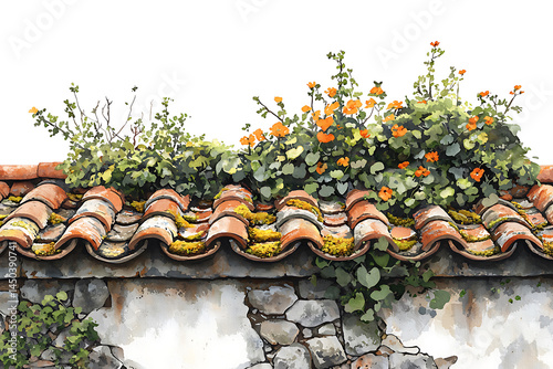 A charming scene of weathered terracotta roof tiles adorned with greenery and vibrant orange flowers against a textured stone wall.