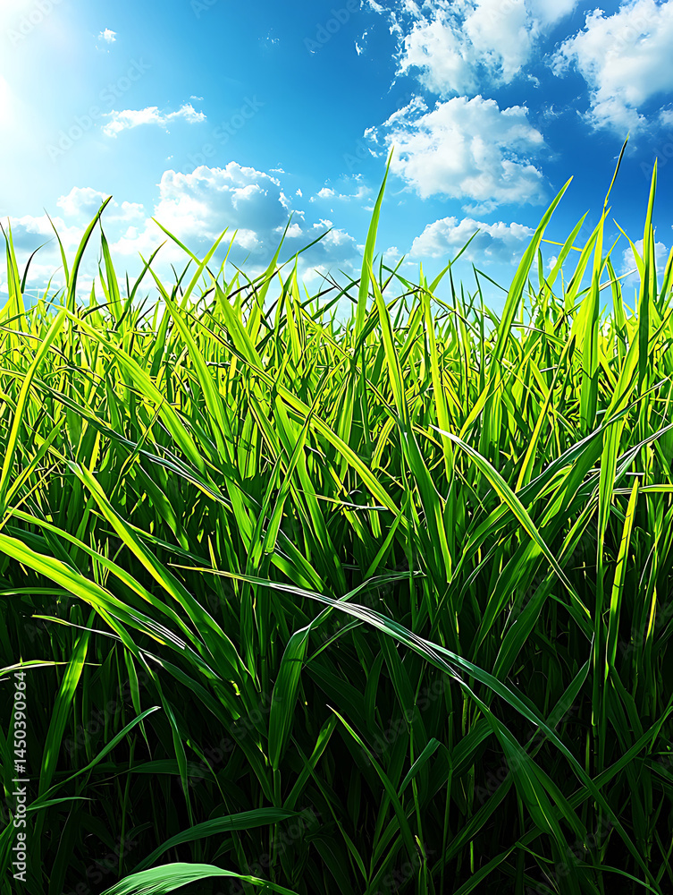 Obraz premium Lush green grass stretches toward a bright blue sky dotted with fluffy white clouds on a sunny day.
