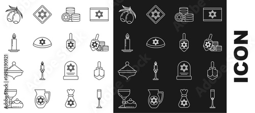 Set line Jewish goblet, Hanukkah dreidel, and coin, kippah with star of david, Burning candle candlestick, Olives branch and icon. Vector