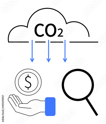 CO2 cloud with arrows pointing down, a hand receiving money, magnifier highlighting analysis. Ideal for sustainability, carbon footprint, economy, environmental policy, climate action, research